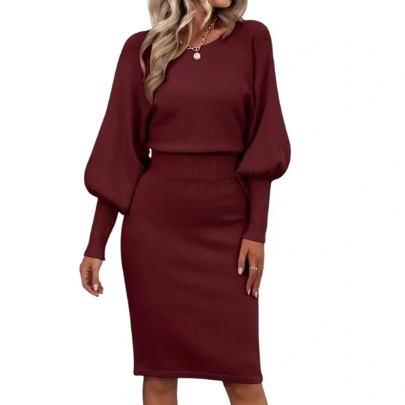 Women’s Solid Color Lantern Sleeve Waist Sweater Dress - Picture 2 of 8